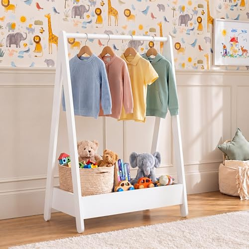 Junior Vida Kids Clothes Rack | White | 99H x 64.5W x 42D cm | Solid Pine Wood | Space-Saving Hanging Dress Rail | Extra Storage Shelf | Portable | Toys, Footwear | Children Bedroom Furniture