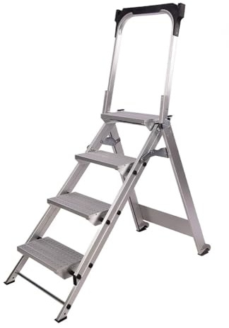 Svelt Sgabello Industriale Professionale Richiudibile in Alluminio a Tronco Unico – 4 Gradini Antiscivolo, Guarda-Corpo, Ruote, Vaschetta Porta-Attrezzi – Certificato