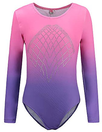 Sinoem Gymnastikanzug für Mädchen, Farbverlauf, mehrfarbig, langärmlig, Leotard, Tanz, Ballett, für Kinder, 5-12 Jahre (12-(11-12 Jahre), Rosa + Violett)