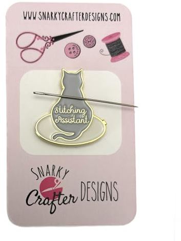 Stitching Assistant Grey Cat on Embroidery Hoop Enamel Needle Minder