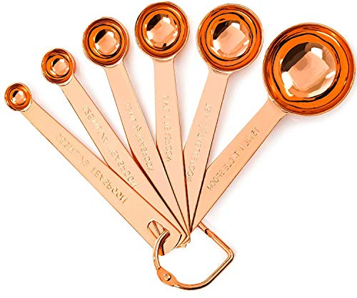 Copper Measuring Spoons, Set of 6 - Sturdy Lightweight. Copper-Plated Stainless Steel. Mirror Polished Copper Finish