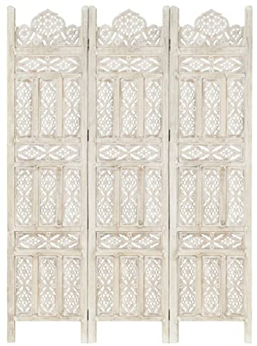 vidaXL Mangoholz Massiv Raumteiler 3-TLG. Handgeschnitzt Klappbar Trennwand Paravent Spanische Wand Umkleide Sichtschutz Weiß 120x165cm
