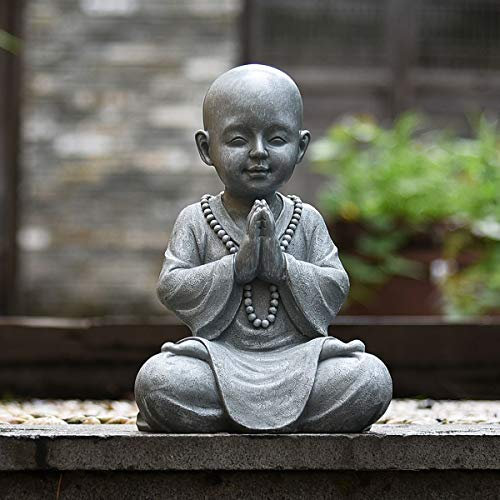 Goodeco Statue de jardin en méditation - Bouddha zen - Statue de moine - Pour intérieur et extérieur - Décoration pour maison, terrasse, véranda, cour - Polyrésine - 28,5 cm (gris pierre)