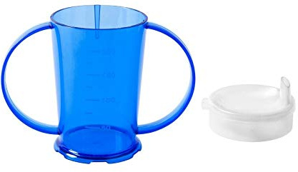 NuHorizons Healthcare Products Two Handled Graduated Beaker with Lid - Pack of 1-200ml Adult Feeder Cup - Drinking Aid (Colour Blue, Wide Spouted Lid)