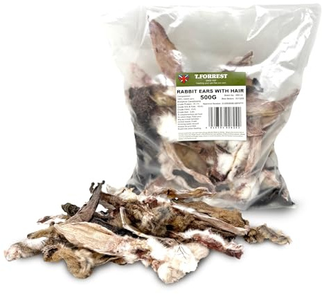T.Forrest British Air Dried Rabbit Ears with Fur - 500g - High Protein, Long Lasting, Grain & Gluten Free Dog Treats