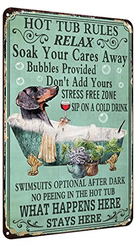 Hot Tub Rules Metal Tin Sign Vintage Bar Home Bathroom Pool Wall Decoration Dachshund Tin Sign 12x8 Inch