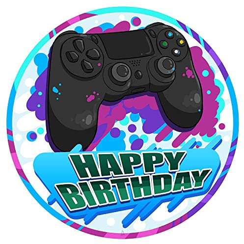 J&M DECO Decoration Gateau Anniversaire - Decoration Gateau Fondant - Décoration Coméstible Gamer Motif - Cake Topper Rond 20 cm - Décoration avec Papier Comestible - Deco Anniversaire Gateau