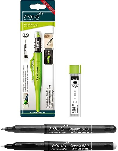 Pica Fine Dry Tieflochmarker + Ersatzminen HB + Permanent Pen Fine schwarz + Permanent Marker weiß Set 4-teilig