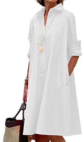 chouyatou Women's Spring Summer Button-Down Shirt Dress Loose A-Line Midi Shift Tunic Dress (XX-Large, White)