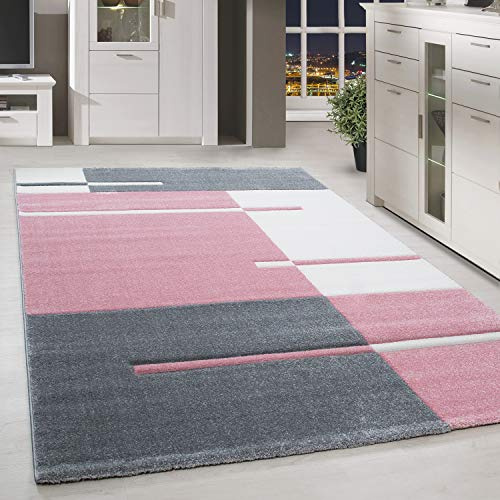 HomebyHome Teppich 140x200 cm Kurzflor Konturenschnitt in Pink Grau Weiß Kariertes Design, Waschbar, Pflegeleicht, Extra Weich Für Wohnzimmer, Schlafzimmer, Esszimmer