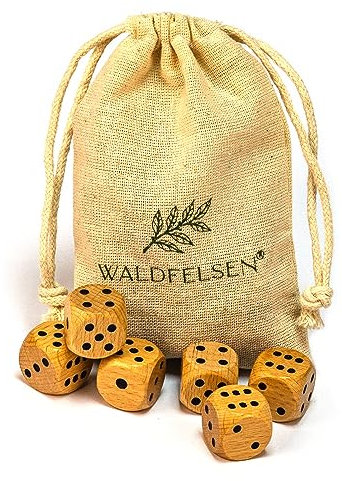Waldfelsen 6, 12, 20, 30 oder 50 hochqualitative Holzwürfel aus echtem Buchenholz Augenwürfel Spielwürfel aus Holz in 16 mm Standardwürfel mit Stoffbeutel Würfelset (Blanko, 6 Stück)