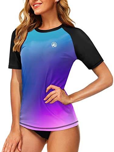 Women Short Sleeve Swim Shirt Sun Protection Hiking Beach Surfing SPF Bathing Suit Top Purple Blue 2XL