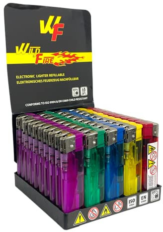 Clearfee Elektronik Feuerzeug nachfüllbar, Bunt, Transparent Feuerzeug, Lighter (50 Stück)