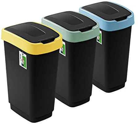 PAFEN 3x Mülleimer SET Mülltrennung 50L - 41 x 30 x 61,5cm - Abfallbehälter Mülltonne mit Spezialklappe Abfalleimer Abfalltonne Behälter für Recycling