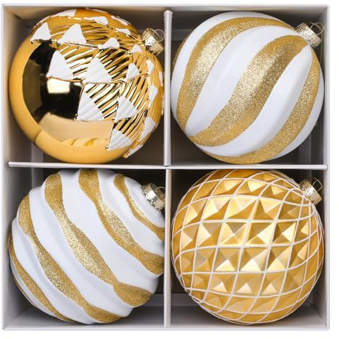 Grandi palline di Natale, 4 decorazioni per albero di Natale, infrangibili da appendere, set con ganci per feste di Natale, matrimoni, vacanze, oro e bianco