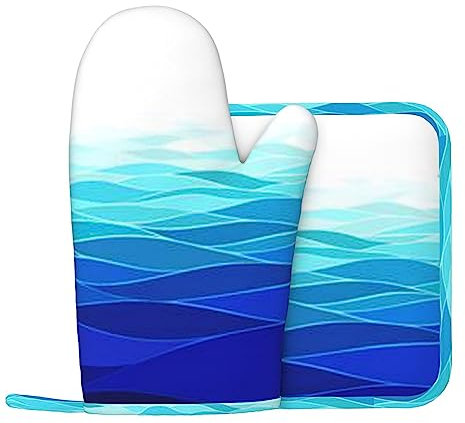 Ocean Waves Segelboot mit Vögeln, maritim bedruckte Ofenhandschuhe und Topflappen, hitzebeständig, rutschfest, Ofenhandschuhe für Küche, Kochen, Backen, Grillen