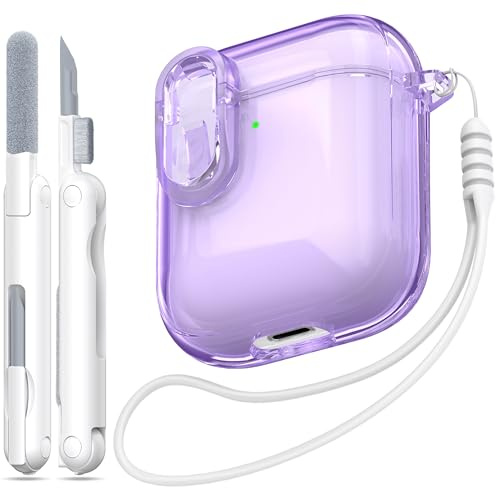 MHYALUDO Custodia per Airpods 1a/2a Gen con Chiusura di Sicurezza, Compatibile con Airpods 1a/2a（2016/2019）, Custodia Trasparente Morbida Antiurto con Penna per la Pulizia del Cordino,Viola