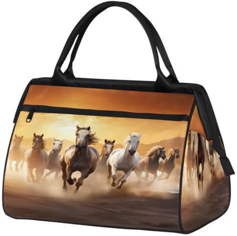 Running Horses Sunrise Gym Bag for Women Men, Travel Sports Duffel Bag with Trolley Sleeve, Waterproof Sports Gym Bag Weekender Overnight Bag Carry On Tote Bag for Gym Sport Travel