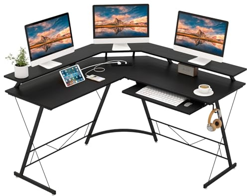 COSTWAY L-Shaped Computer Desk, 132CM Large Corner Desk Writing Study Table with Monitor Stand, Power Outlet, Keyboard Tray & Headphone Hook, PC Laptop Gaming Workstation (Black)
