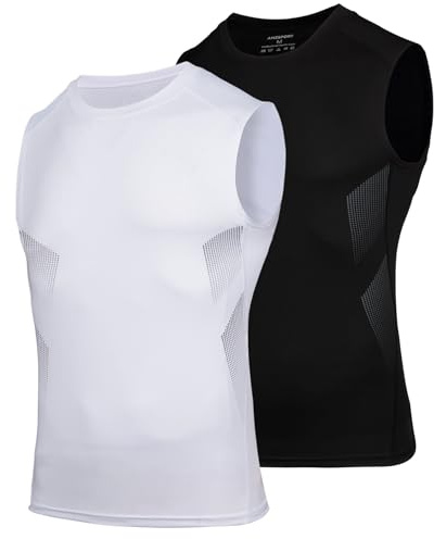 AMZSPORT Tanktopp herr kompressionströja ärmlös funktionell skjorta andningsaktiv muskelskjorta löptröja sport undertröja, 111021-svartvitt, XL