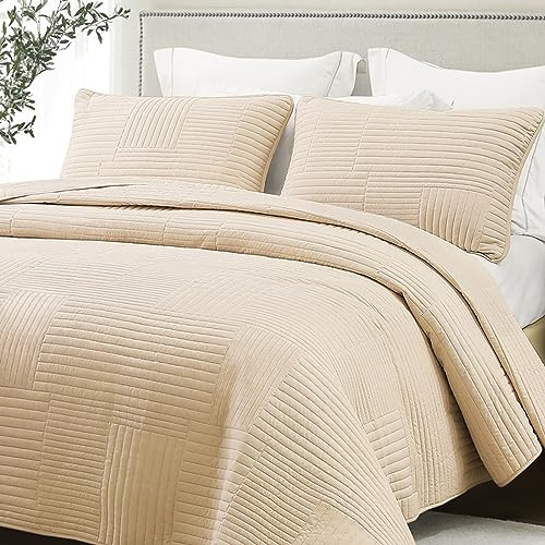 Whale Flotilla Tagesdecke Bettüberwurf 240x260 cm aus Mikrofaser | Bedspreads mit 2 Kissenbezüge, Weiche und Leichte Steppdecke mit Streifenmuster, für alle Jahreszeiten, Beige