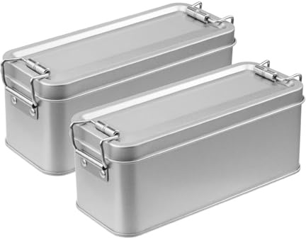 WDONAY 2 Pack Silver Tin Box Containers Metal Storage Box with Lids Rectangular Containers with Buckle Latch for Home Storage Outdoor Usage(5.91×2.36×2.56)