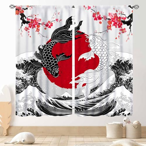 TKUYO Tende giapponesi, stile asiatico con anime giapponese, pesci koi yin yang in bianco e nero, fiori di ciliegio, grande onda orientale, tende per finestre per camera da letto, soggiorno, cucina