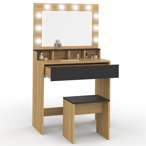 IDMarket - Schminktisch Zelia Buche und Schwarz Spiegel LED mit 4 Nischen, 1 Schublade und Hocker