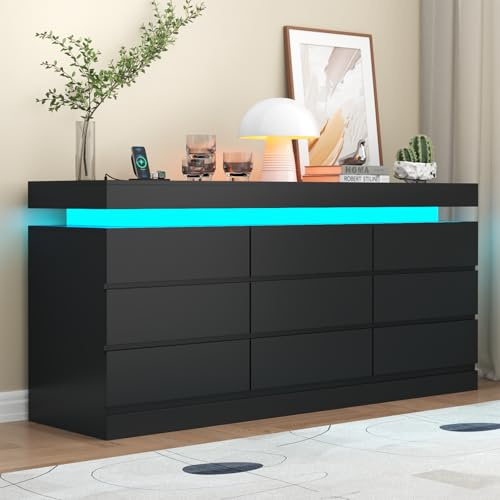 Gyfimoie 9 Drawer Dresser with Power Outlet, Dresser with LED Light, Modern Chest of Drawers for Closet, Double Wide Drawer Organizer Cabinet for Bedroom, Living Room (Black, 9 Drawers)