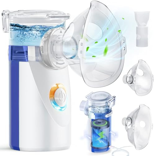 Aerosol Portatile Silenzioso per Adulti e Bambini - Bambino ad Inalazione ad Ultrasuoni ad alta Potenza, la Batteria dura a Lungo, USB-C Ricaricabile Nebulizzatore Aerosol, 2 Maschere E Boccaglio-Blu