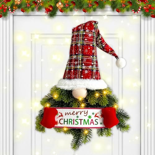 Skeadex Türkranz Weihnachten Weihnachtsdeko,Weihnachtskranz Tür mit LED Licht,Weihnachtsmann Weihnachtskranz Batteriebetrieben,Deko Weihnachten Weihnachtsgirlande mit Kiefer für Bauernhaus Haustür