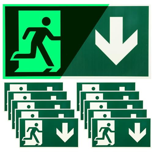 10 x Notausgangsschild Nachleuchtend Schild Notausgang Pfeil Unten 300 x 150 mm, PVC Fluchtwegschilder Selbstklebend, Langnachleuchtend Rettungsweg Geradeaus