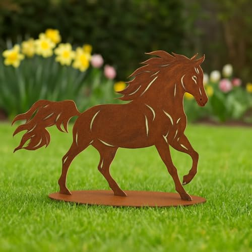 Der-Porzellan-Laden galloppierendes Pferd auf Platte, Metallskulptur in Rostoptik (30 x 45 cm), rustikale Gartenfigur & Dekoobjekt für Kunst- und Tierfreunde