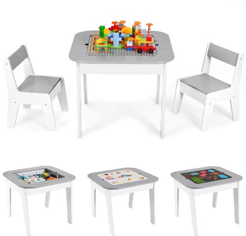 Clevich Kinder Tisch Stuhl Set, Kindersitzgarnitur, Stauraum, mit 2 PCS Stühlen, Kindersitzgruppe, Doppelseitiger Maltisch & Bauplatte, Packung mit 2 Stühlen, Kindermöbel für Kinderzimmer, Grau
