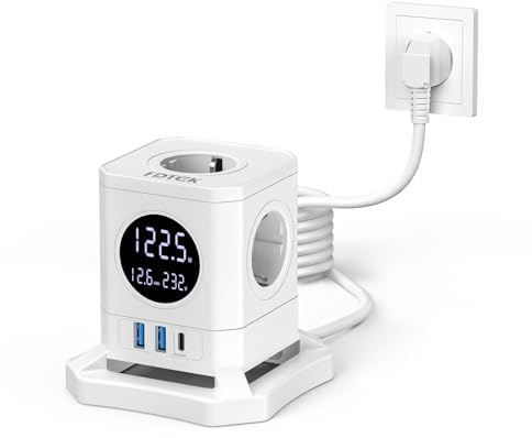 FDTEK Cube Multiprise avec LCD Écran, Consommation Électrique Surveillance | Multiprise USB Bloc avec 4 Prises (4000W/16A) et 3 USB, Bloc Multiprise avec Interrupteur pour Domicile, Bureau