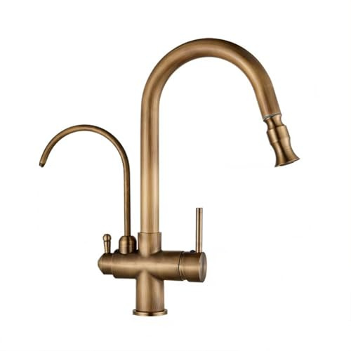 3 Way Water Filter Kitchen Tap with Pull Out Spray, High Arc Pull Down Drinking Water Kitchen Sink Mixer Taps, Brass Dual Lever 360° Swivel Commercial Kitchen Faucet, 1 Hole, Antique Brass Finished