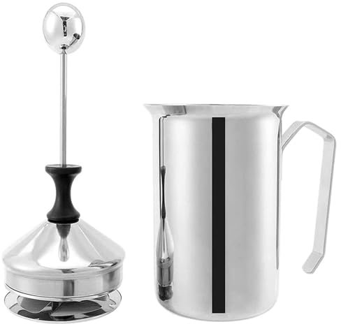 Manual Milk Frother, Stainless Steel Hand Pump Foamer, 17oz Frothing Pitcher with Lid, Double Mesh Screen, Easy Grip Handle, Quick Foam Maker, Perfect for Cappuccino, Latte, Coffee