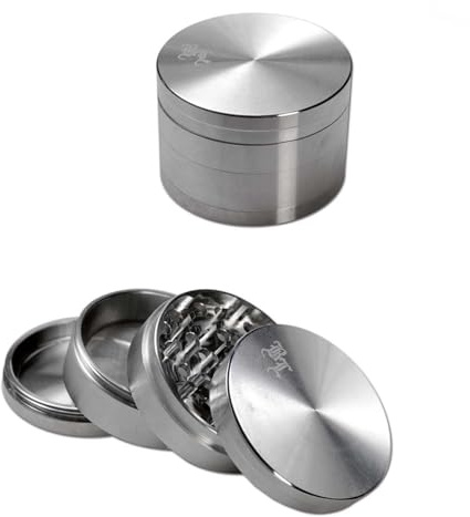 BL Edelstahl-Grinder 4-tlg. | Ø 59/56,5 mm | robuste Kräutermühle mit Diamantschliff-Zähnen, inklusive Schaber & Samtbeutel.