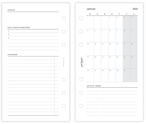 pen & pages® Kalender 2026 Monat auf einen Blick datiert Personal 9,5 x 17,1 cm Kalendereinlage für Ringbuch mit Fokus Zielen Todos Terminübersicht DACH Feiertagen Jahresübersicht 6 fach Lochung