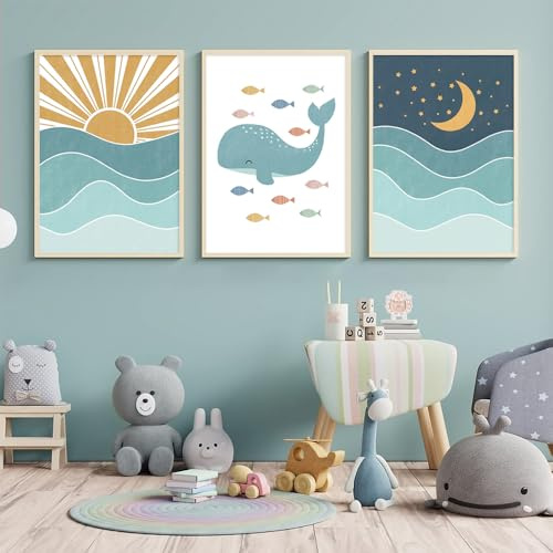 3 Bilder Kinderzimmer Ozean 30X40CM Poster Meerestiere Kinder Sonne Mond Bilderwand Kinderzimmer Leinwand Baby Tiere Bilder Babyzimmer Junge Blau Poster Baby Junge Blau ohne Rahmen