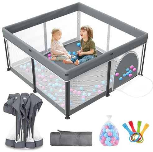 Laufstall Baby faltbar Laufgitter Baby 127x127x65cm Play Pen, Kinderlaufstall faltbar mit atmungsaktivem Netz, Reißverschlusstür, 20 Bunte Bälle, 4 Ringe für Kinderbetten und Tragetasche