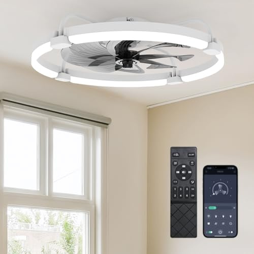 Ensenior Ceiling Fans with Lights and Remote, 60cm Flush Mount, 6 Speed & 3000K-6500K Stepless Dimmable Quiet Modern LED Fan Lights Ceiling for Bedroom Living Room Dining Room - White