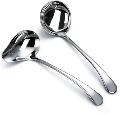 2-Piece Stainless Steel Small Ladle Set with Slanted Pour Spout, Sauce and Gravy Ladles, Modern Kitchen Utensil Set, 8-Inch Handle, Dishwasher Safe