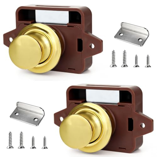2 Pezzi Chiusura a Pulsante,Push Button Catch Door Lock Marrone Oro | Serratura a Pulsante per Porta,15-18mm,Pulsante Per Serratura Armadio,Serratura per Mobili,Camper,Caravan,Cabinet Door