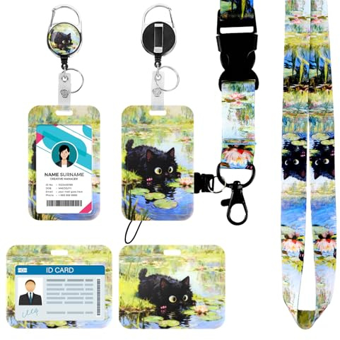 Porte-badge avec Lanière – Étui Badge avec Cordon & Enrouleur Rétractable, Lanière avec Porte-carte pour Bureau, École, Événements – Durable, Sécurisé, Confortable (Chat lotus)
