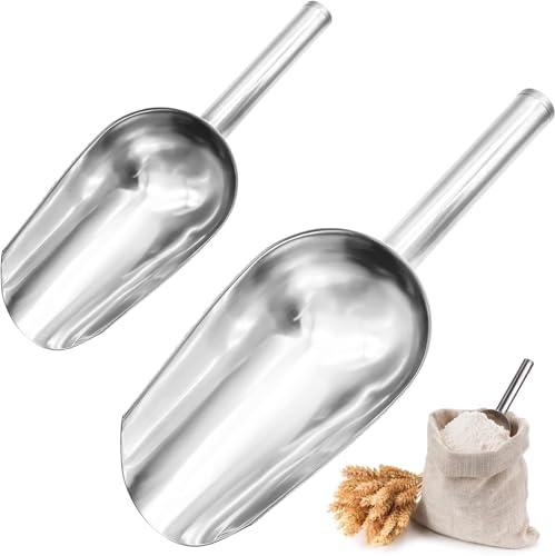 Ice Scoop & Flour Scoop - 2 Piece Stainless Steel Multi-Purpose Food Scoop Set, Portable Metal Scoop for Kitchen, Bar, Garden, Buffet (2 Sizes)
