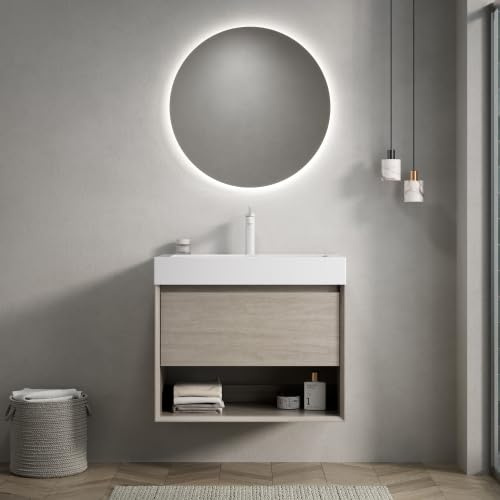 DHWDS Base per lavabo, 70 cm, montaggio a parete con vasca in resina integrata, colore bianco, cassetto Soft-Close e ripiano aperto, preassemblato in rovere chiaro