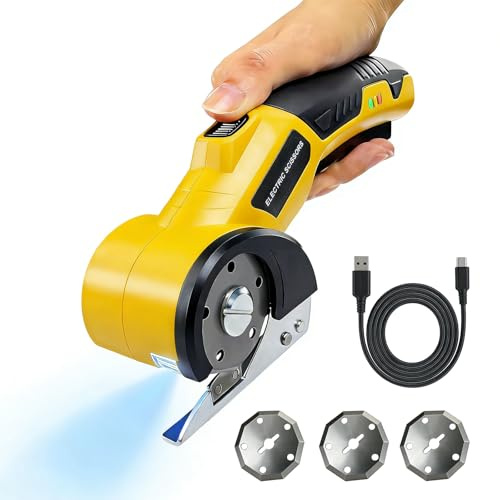 Kartonschneider Elektrische Schere, Kabellose Elektrischer Kartonschneider mit Sicherheitssperre Karton Schneider mit Ersatzklinge für Kunststoff Teppich Filz Leder Pappe (Gelb)