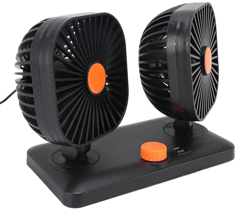 AMONIDA Ventilateur de Voiture USB à Double Tête, Mini Ventilateur Rotatif à 360 Degrés, de Régulation de Vitesse en Continu, Idéal pour SUV RV Camion Berline Bureau Dortoir Chambre à Coucher
