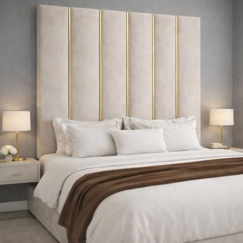 Spring Well Extra Tall Wall-Mounted Upholstered Headboard, Plush Velvet with Gold Trim Panel Design, Single to Super King, 90-127cm Height (Cream, 5ft King-127cmTall)